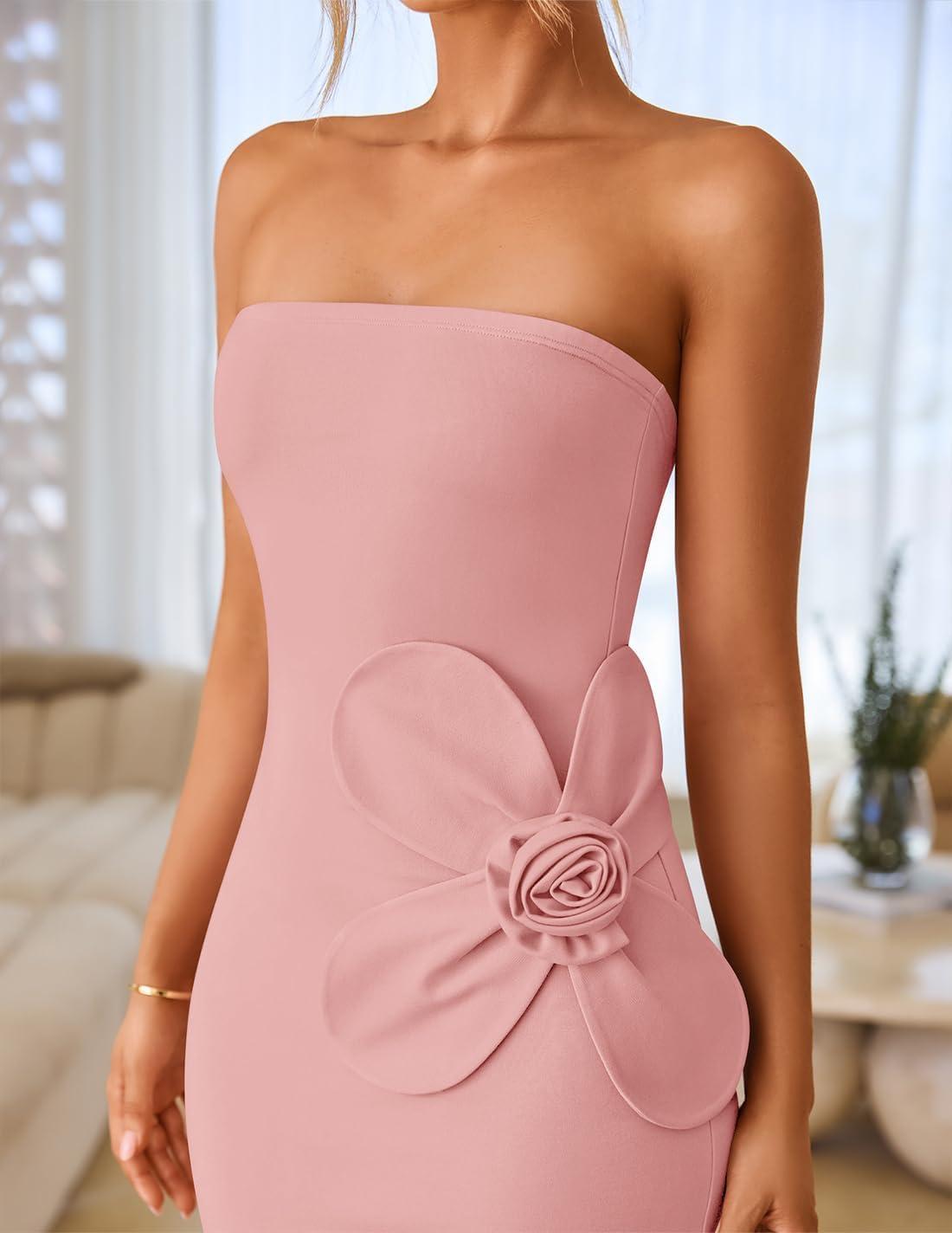 imageZESICA Womens Summer Strapless Bodycon Maxi Dress 2026 Ribbed Knit Backless Floral Tube Cocktail Party Long DressesPink