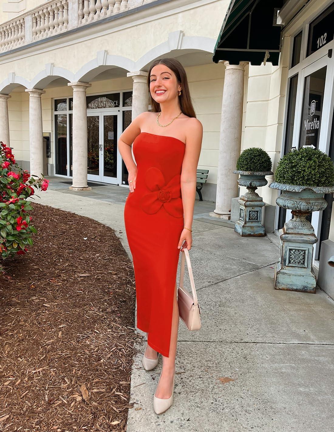 imageZESICA Womens Summer Strapless Bodycon Maxi Dress 2026 Ribbed Knit Backless Floral Tube Cocktail Party Long DressesRed