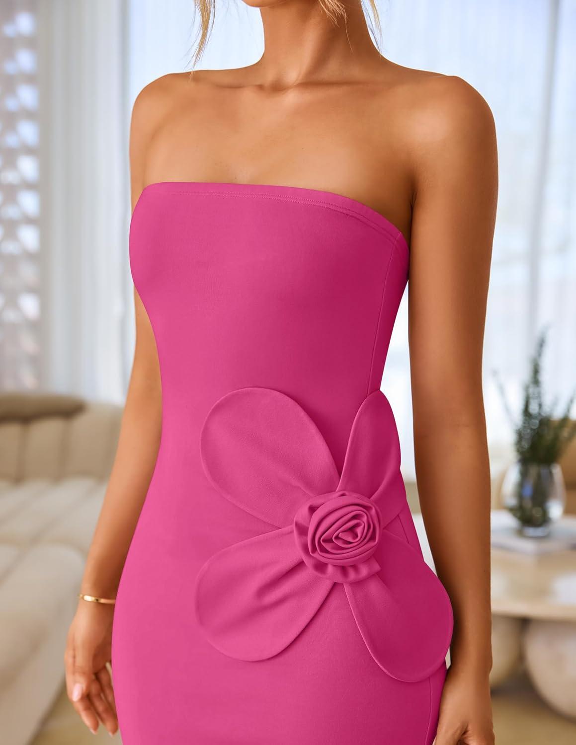 imageZESICA Womens Summer Strapless Bodycon Maxi Dress 2026 Ribbed Knit Backless Floral Tube Cocktail Party Long DressesRose