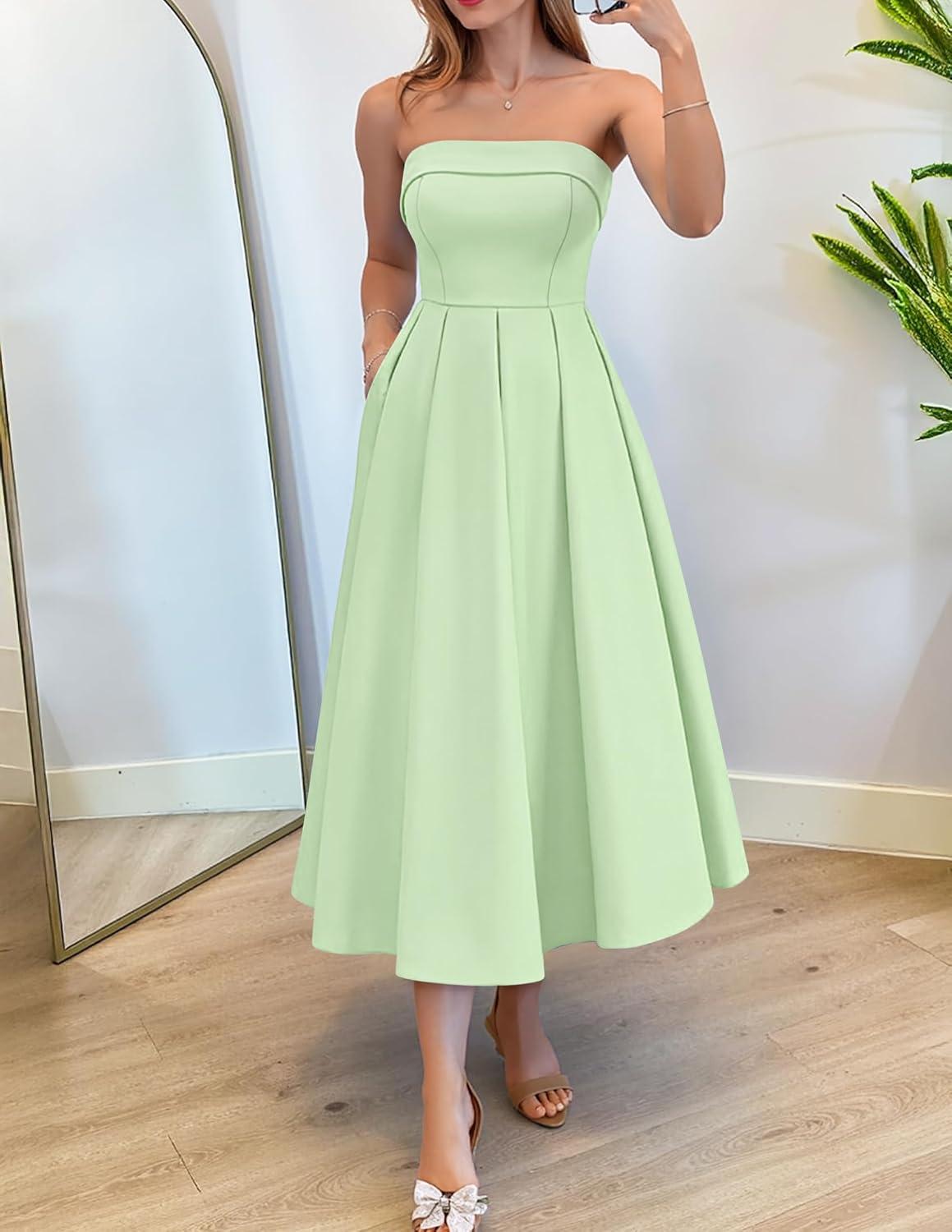 imageZESICA Womens Summer Strapless Cocktail Dresses 2026 Elegant Off Shoulder Flowy A Line Wedding Guest Party Midi DressLightgreen