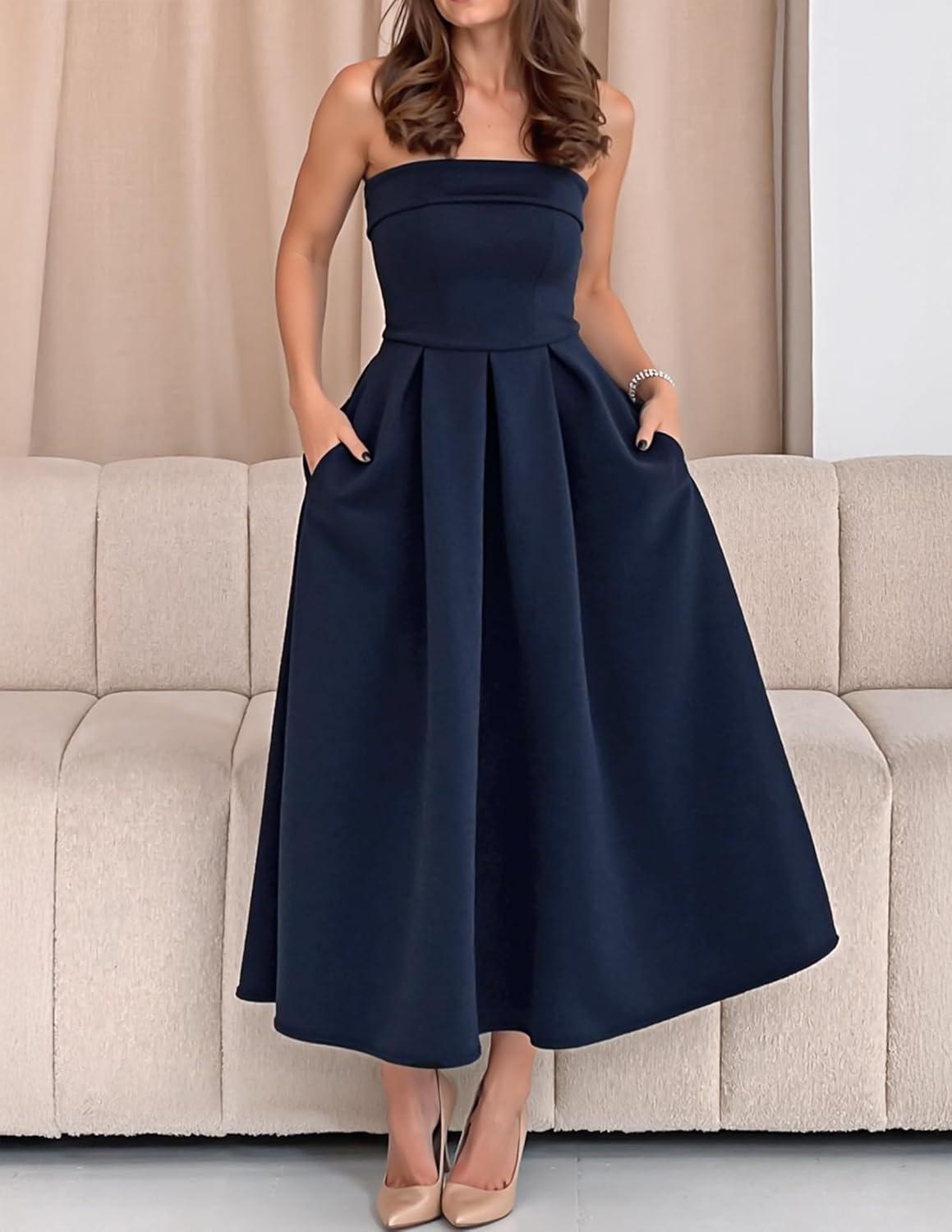 imageZESICA Womens Summer Strapless Cocktail Dresses 2026 Elegant Off Shoulder Flowy A Line Wedding Guest Party Midi DressNavy