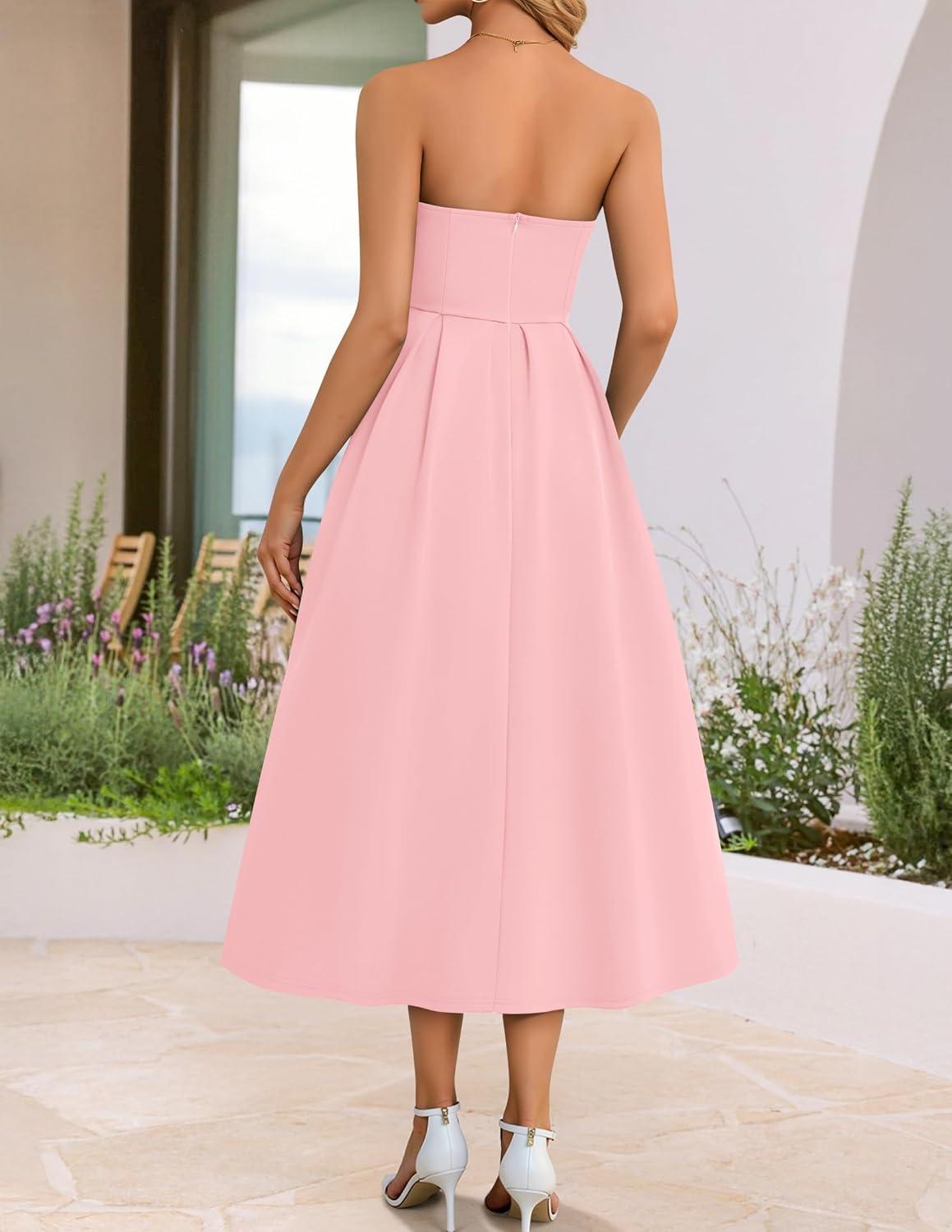 imageZESICA Womens Summer Strapless Cocktail Dresses 2026 Elegant Off Shoulder Flowy A Line Wedding Guest Party Midi DressPink