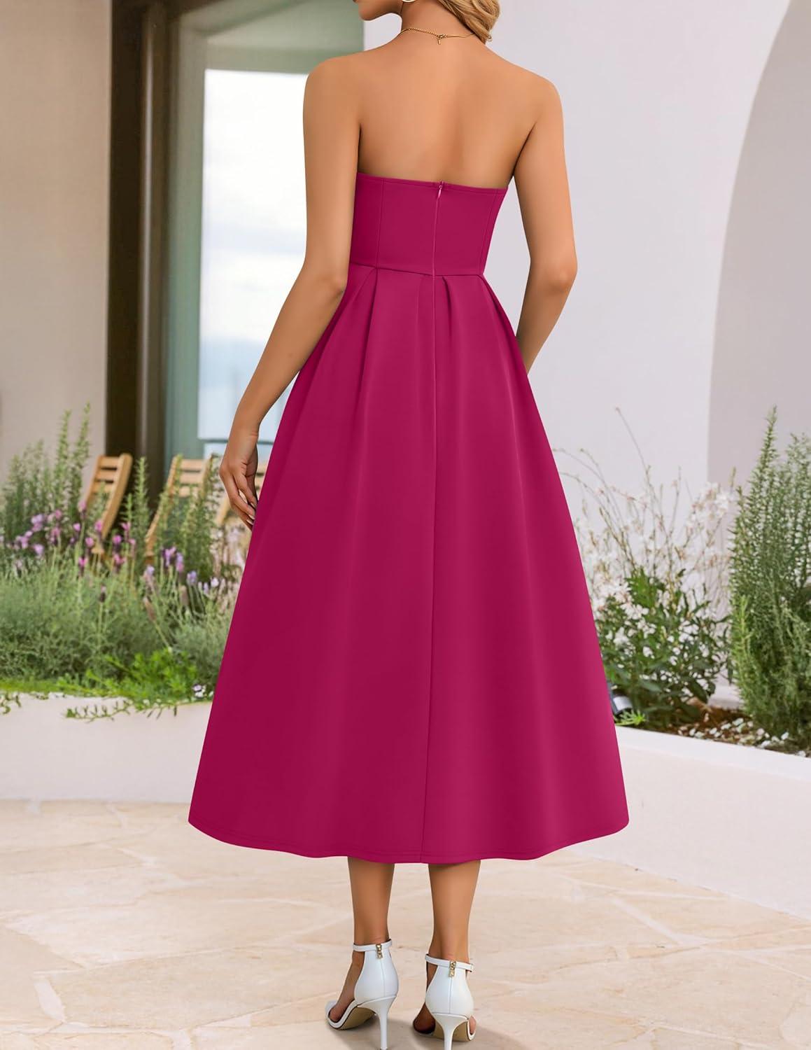 imageZESICA Womens Summer Strapless Cocktail Dresses 2026 Elegant Off Shoulder Flowy A Line Wedding Guest Party Midi DressRose