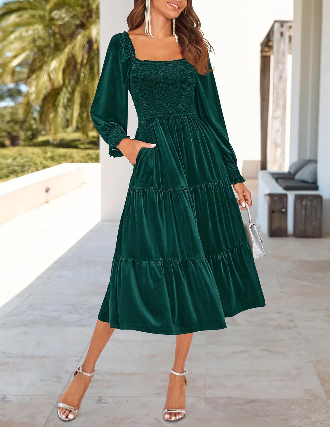 imageZESICA Womens Velvet Long Sleeve Dresses 2026 Winter Square Neck Smocked Ruffle A Line Flowy Cocktail Party Midi DressDark Green