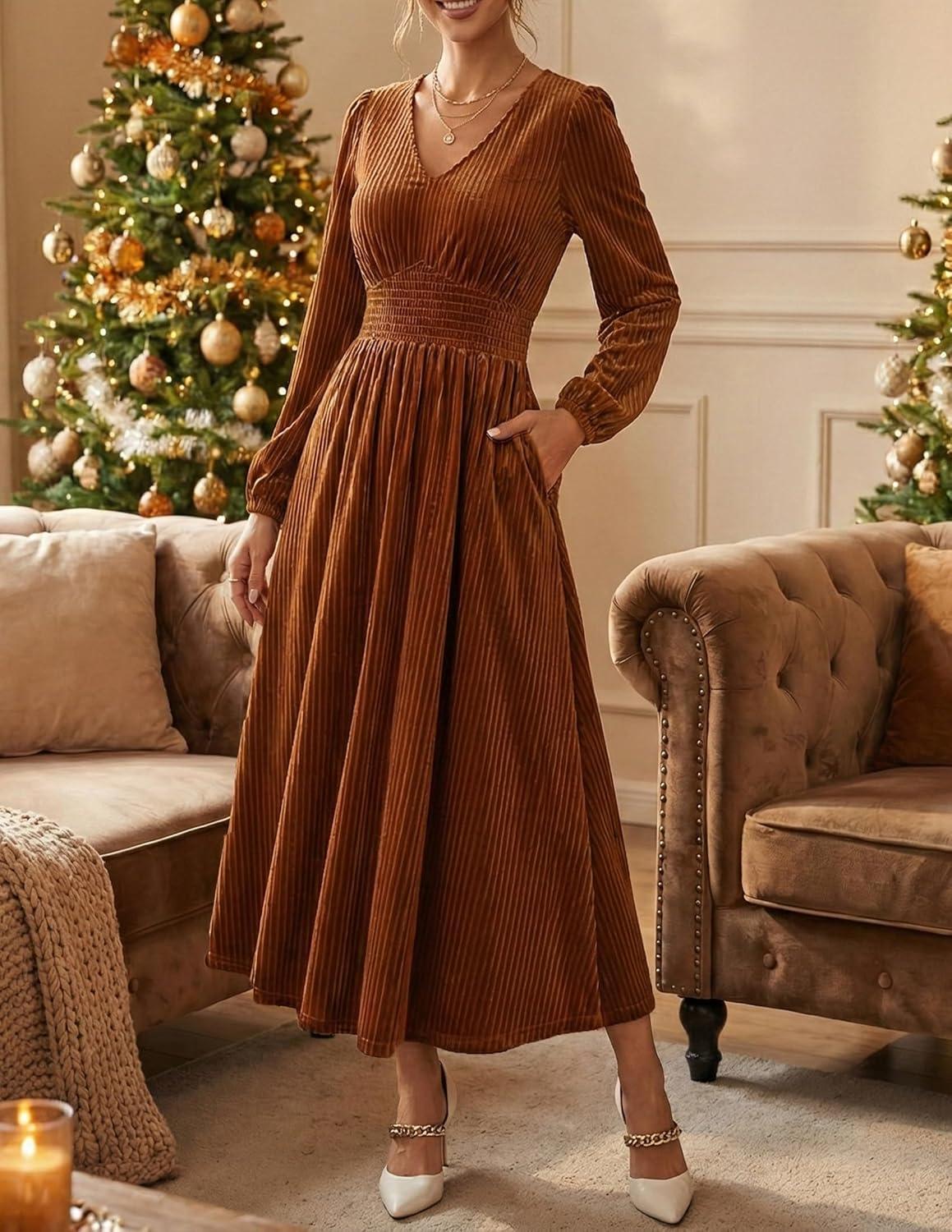 imageZESICA Womens Velvet Midi Dress 2026 Casual V Neck Long Sleeve Solid Color Elastic High Waist Flowy Evening Party DressesCaramel