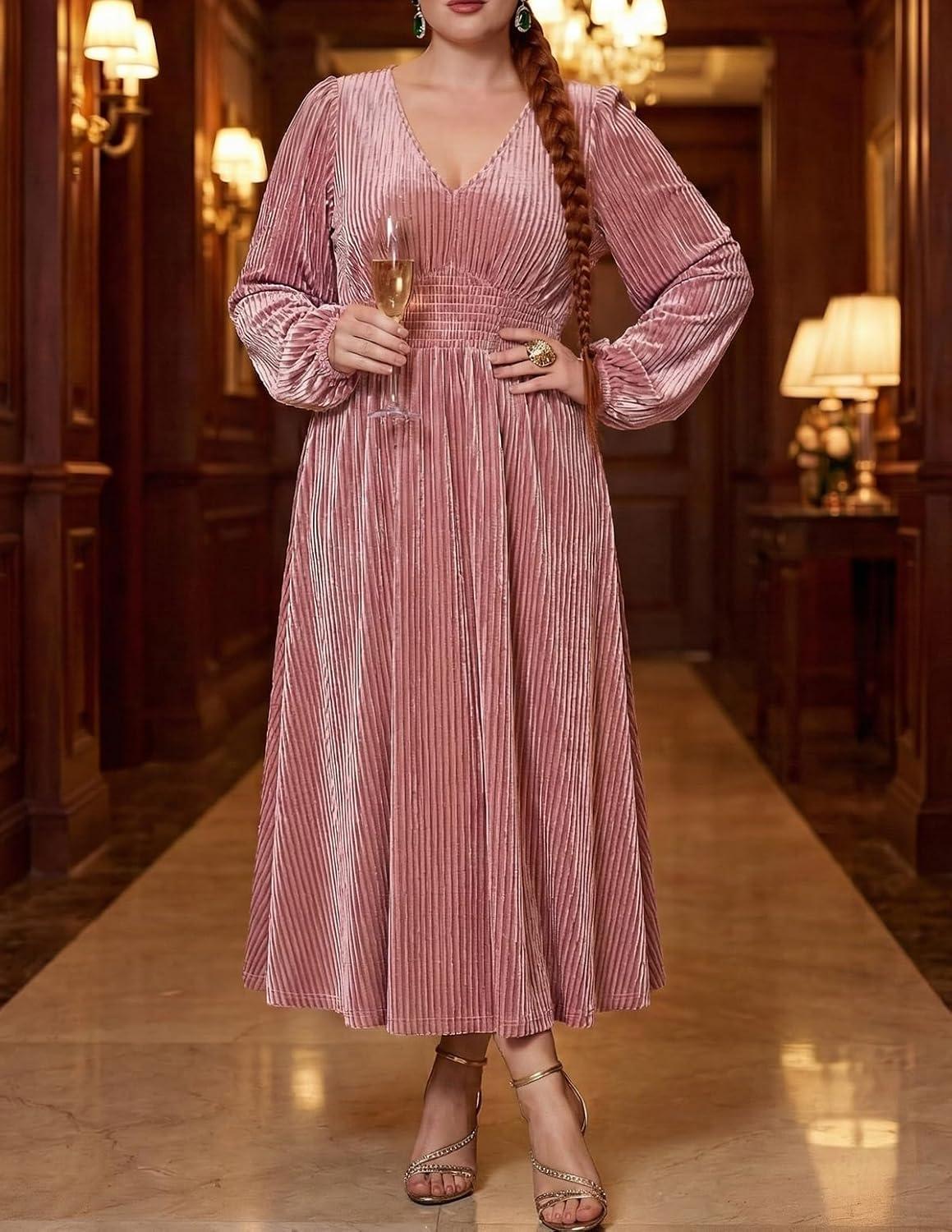 imageZESICA Womens Velvet Midi Dress 2026 Casual V Neck Long Sleeve Solid Color Elastic High Waist Flowy Evening Party DressesDusty Pink