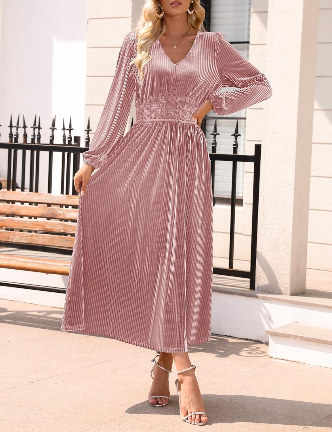 imageZESICA Womens Velvet Midi Dress 2026 Casual V Neck Long Sleeve Solid Color Elastic High Waist Flowy Evening Party DressesDusty Pink