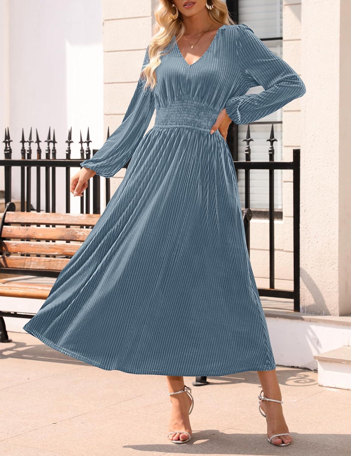 imageZESICA Womens Velvet Midi Dress 2026 Casual V Neck Long Sleeve Solid Color Elastic High Waist Flowy Evening Party DressesGrey Blue