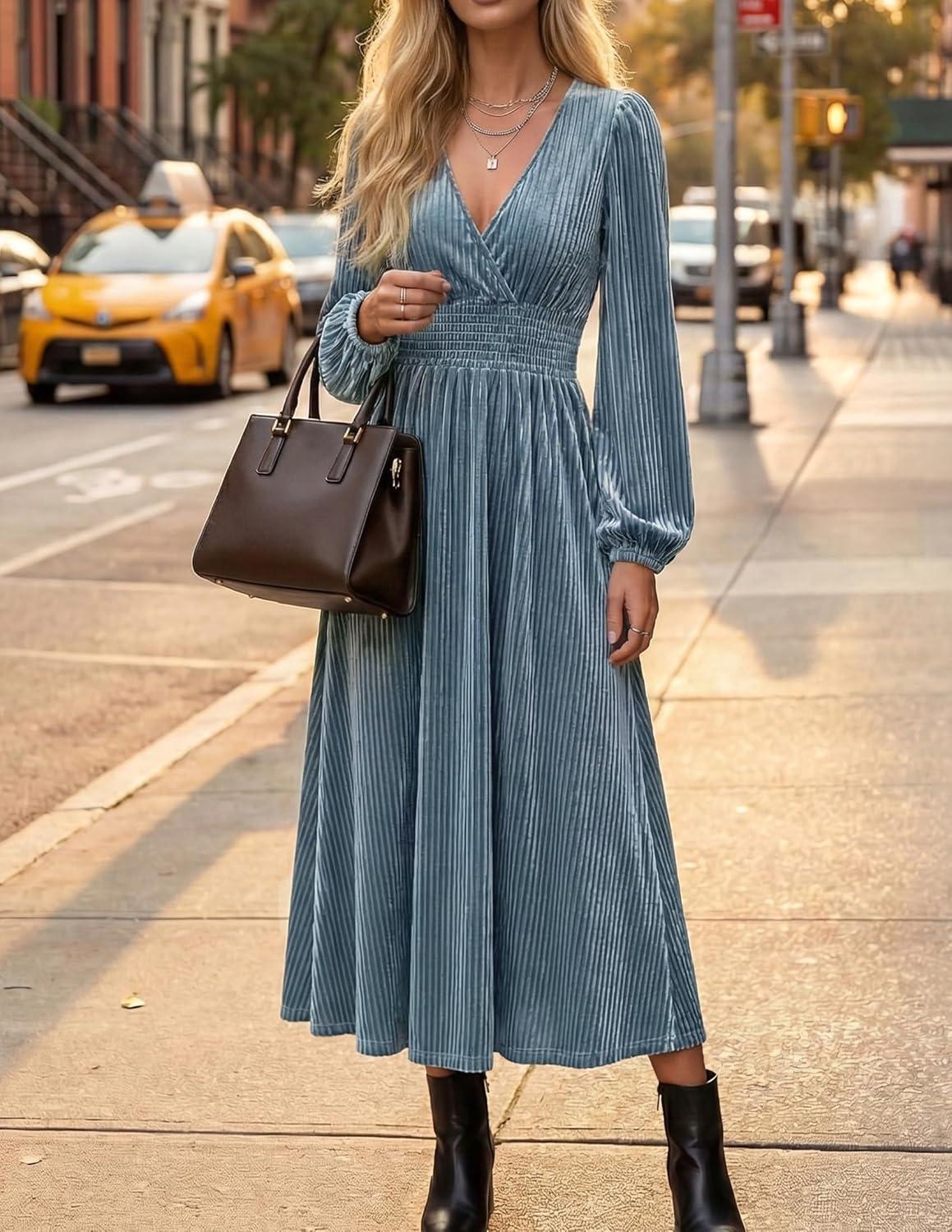 imageZESICA Womens Velvet Midi Dress 2026 Casual V Neck Long Sleeve Solid Color Elastic High Waist Flowy Evening Party DressesGrey Blue