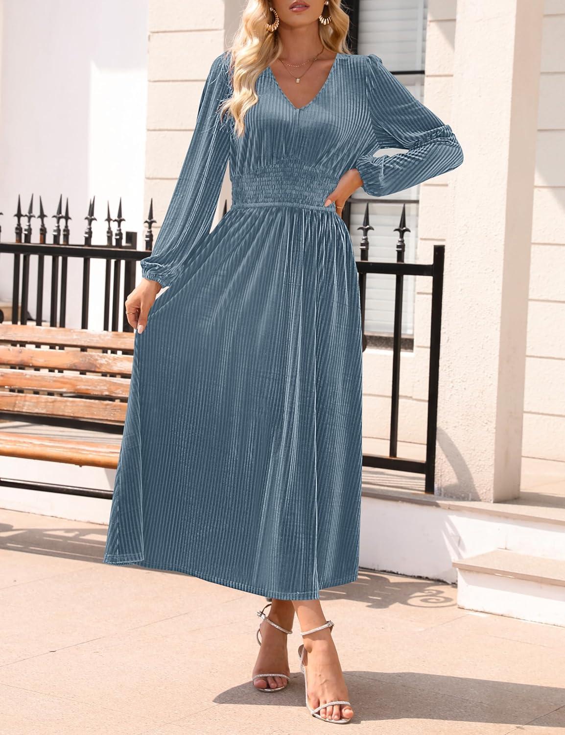 imageZESICA Womens Velvet Midi Dress 2026 Casual V Neck Long Sleeve Solid Color Elastic High Waist Flowy Evening Party DressesGrey Blue