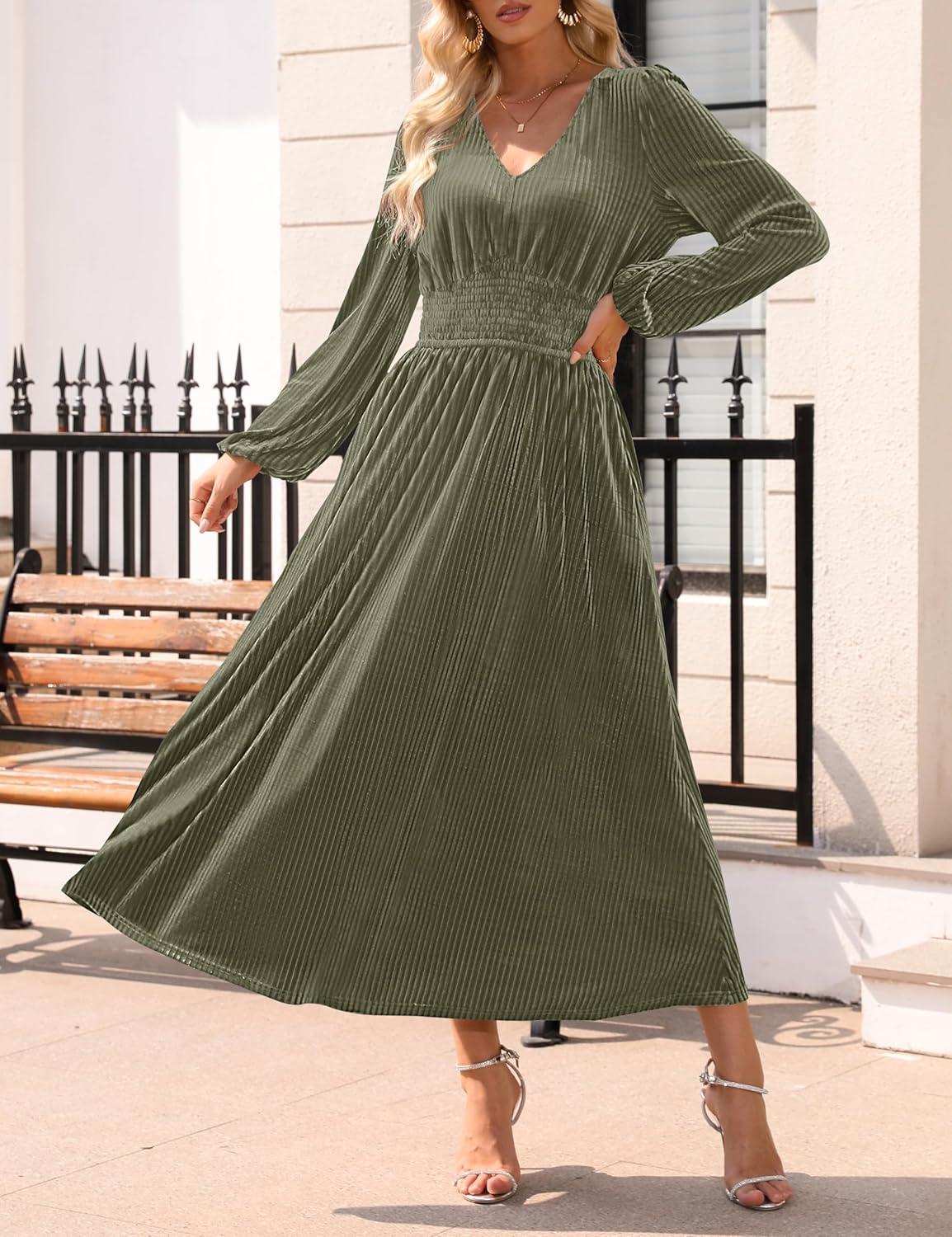 imageZESICA Womens Velvet Midi Dress 2026 Casual V Neck Long Sleeve Solid Color Elastic High Waist Flowy Evening Party DressesOlive Green