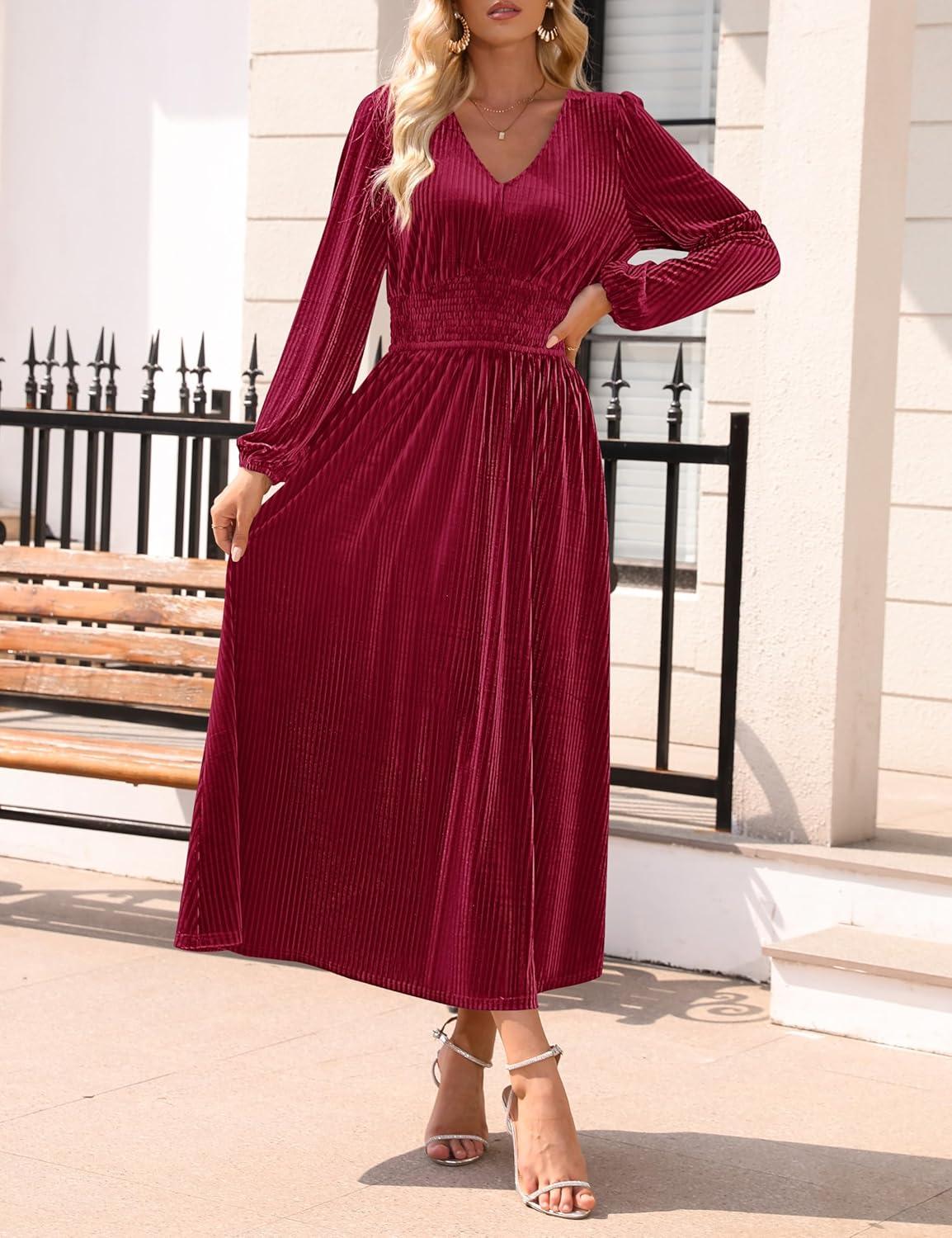 imageZESICA Womens Velvet Midi Dress 2026 Casual V Neck Long Sleeve Solid Color Elastic High Waist Flowy Evening Party DressesWine Red