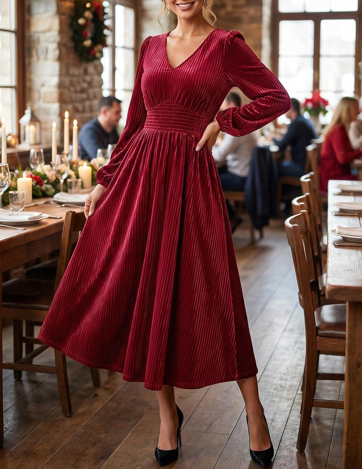 imageZESICA Womens Velvet Midi Dress 2026 Casual V Neck Long Sleeve Solid Color Elastic High Waist Flowy Evening Party DressesWine Red