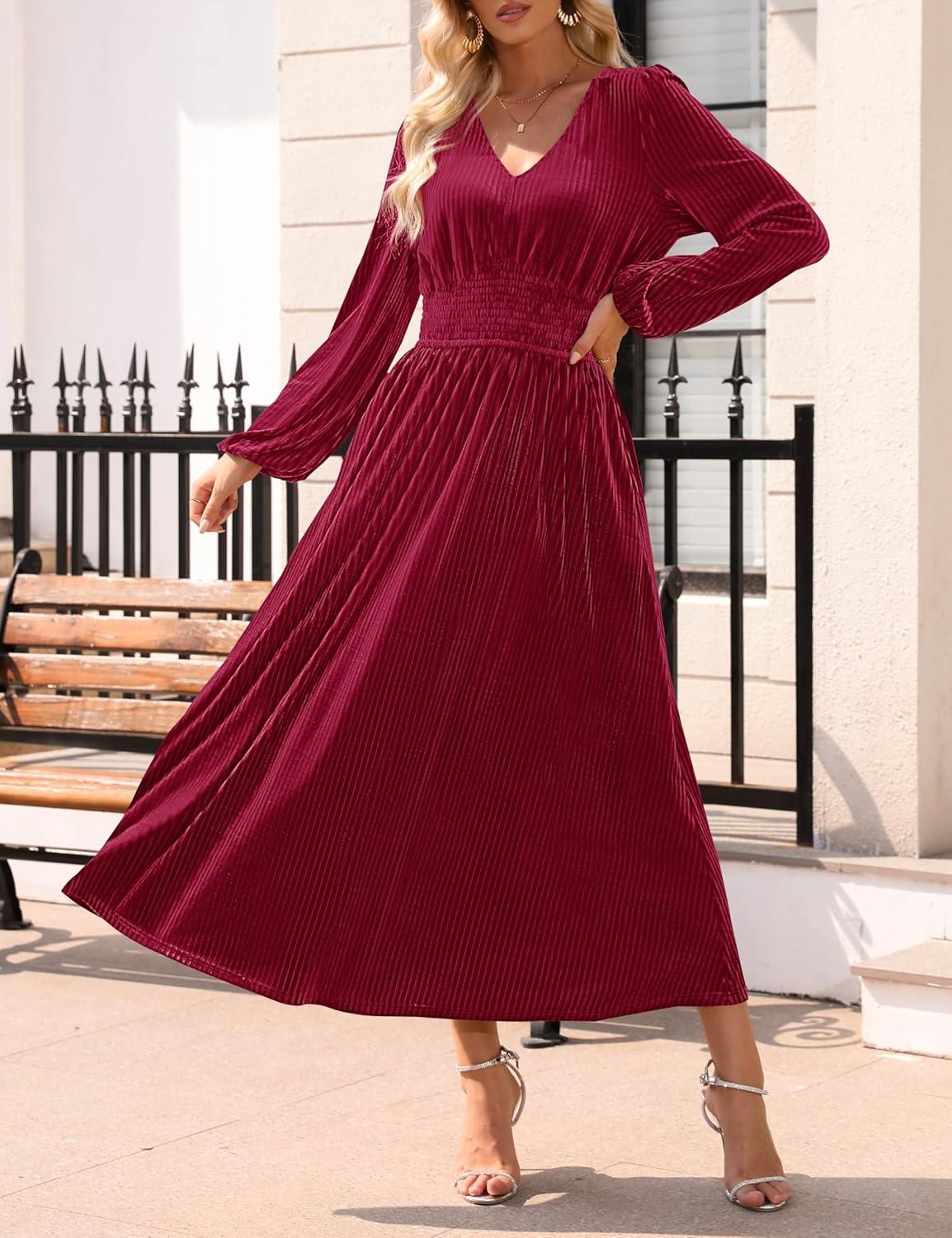 imageZESICA Womens Velvet Midi Dress 2026 Casual V Neck Long Sleeve Solid Color Elastic High Waist Flowy Evening Party DressesWine Red