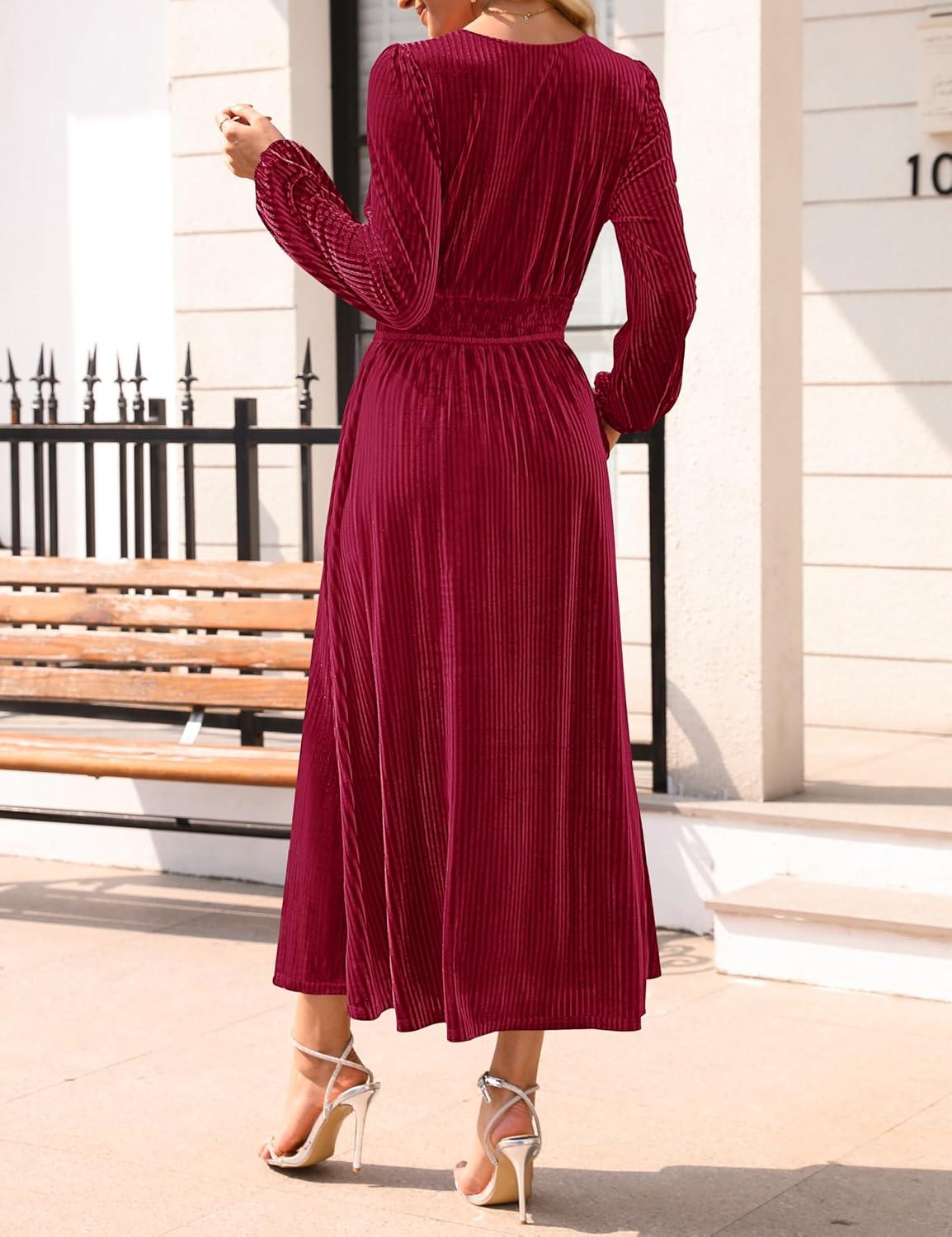 imageZESICA Womens Velvet Midi Dress 2026 Casual V Neck Long Sleeve Solid Color Elastic High Waist Flowy Evening Party DressesWine Red