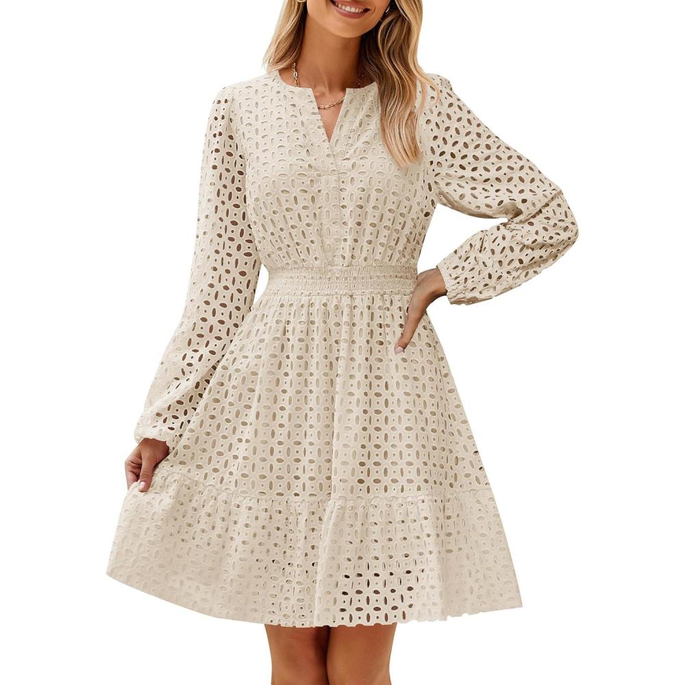 imageZESICA Womens 2026 Long Sleeve Mini Dress Fall V Neck Hollow Out Eyelet Embroidery Ruffle A Line Swing Short DressesApricot