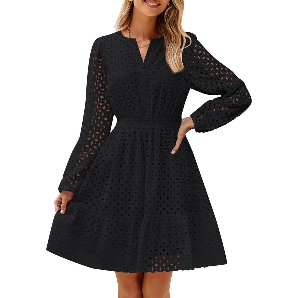 imageZESICA Womens 2026 Long Sleeve Mini Dress Fall V Neck Hollow Out Eyelet Embroidery Ruffle A Line Swing Short DressesBlack