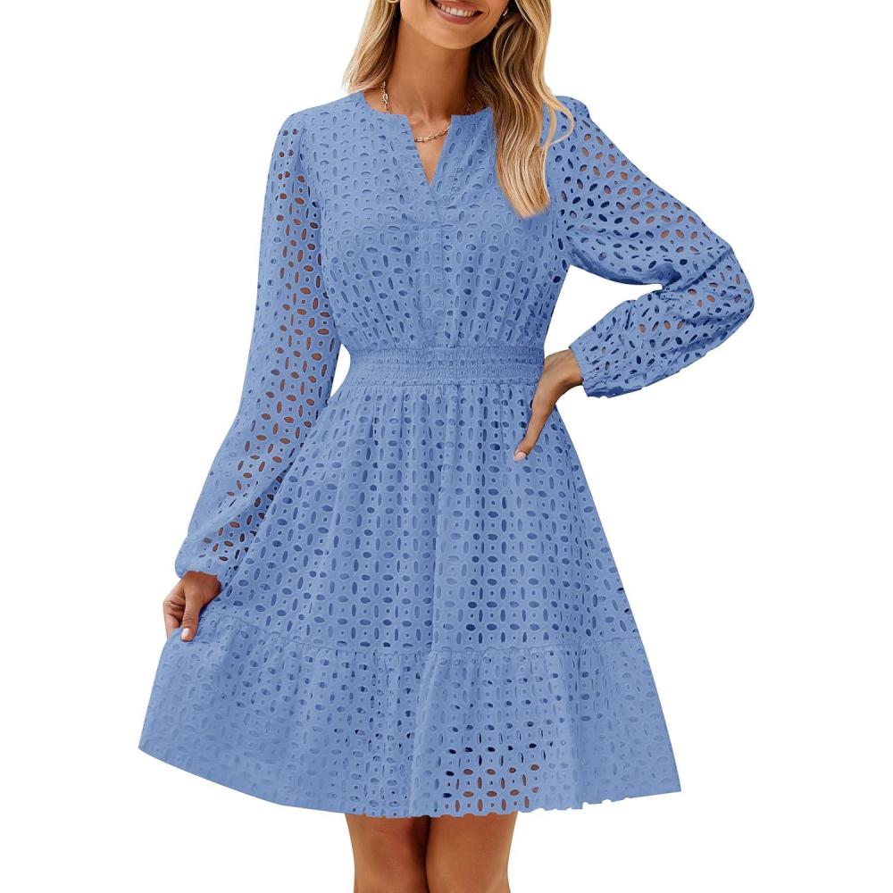 imageZESICA Womens 2026 Long Sleeve Mini Dress Fall V Neck Hollow Out Eyelet Embroidery Ruffle A Line Swing Short DressesBlue