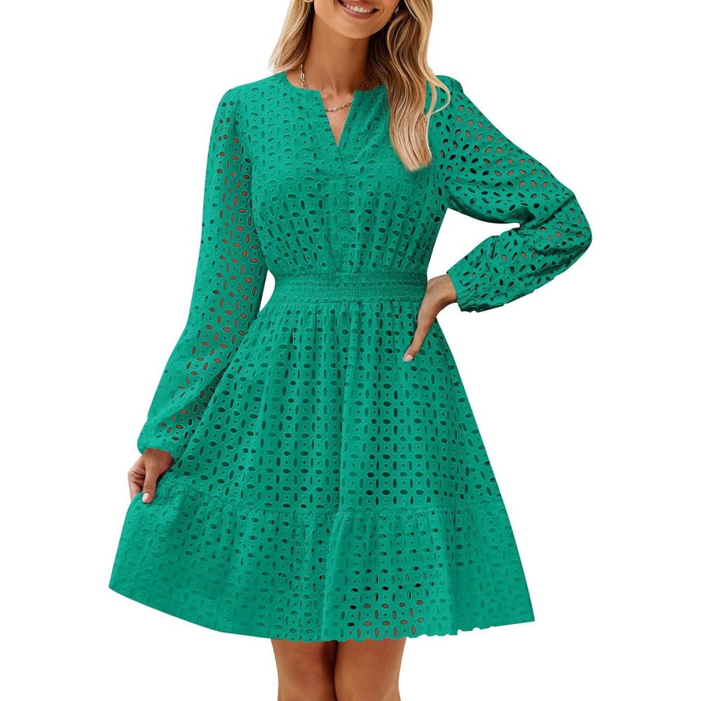 imageZESICA Womens 2026 Long Sleeve Mini Dress Fall V Neck Hollow Out Eyelet Embroidery Ruffle A Line Swing Short DressesGreen