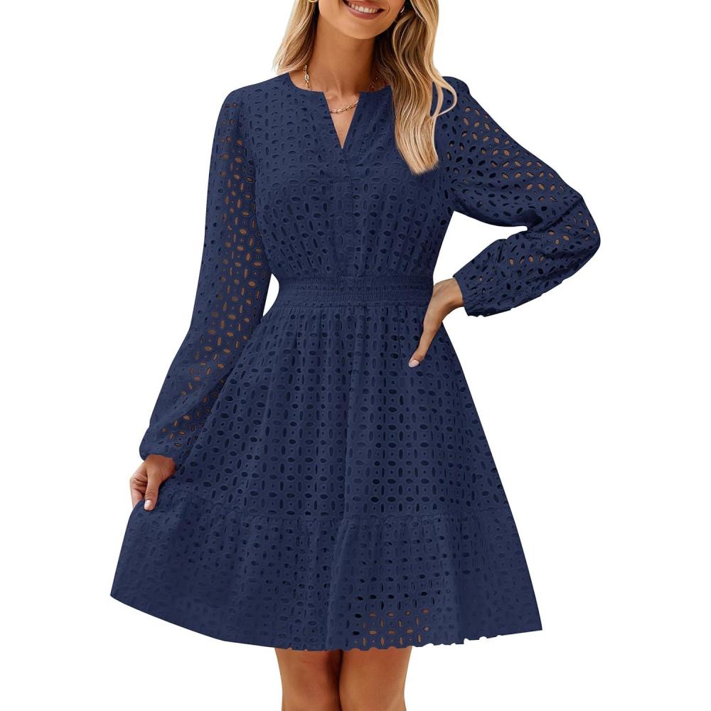 imageZESICA Womens 2026 Long Sleeve Mini Dress Fall V Neck Hollow Out Eyelet Embroidery Ruffle A Line Swing Short DressesNavy