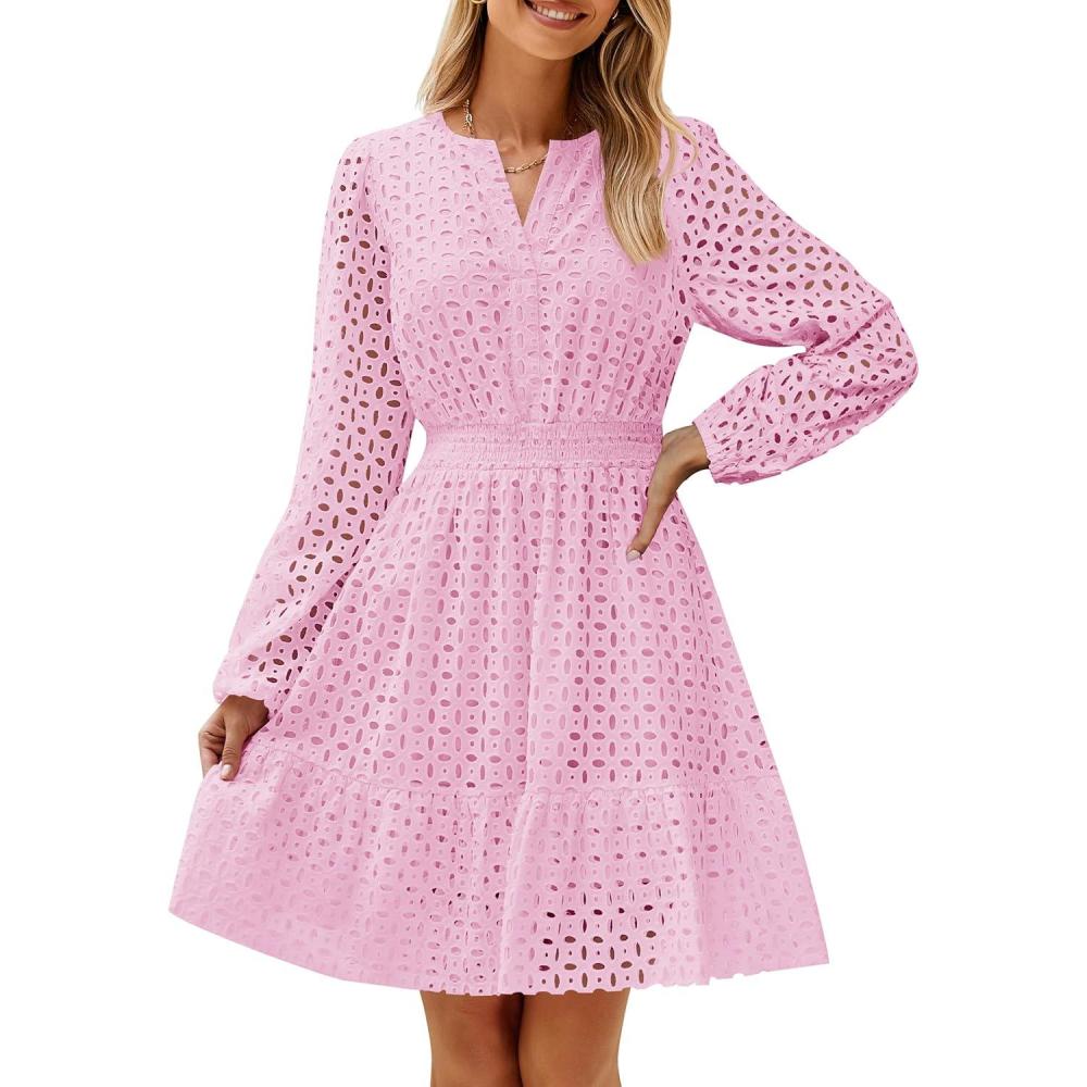 imageZESICA Womens 2026 Long Sleeve Mini Dress Fall V Neck Hollow Out Eyelet Embroidery Ruffle A Line Swing Short DressesPink