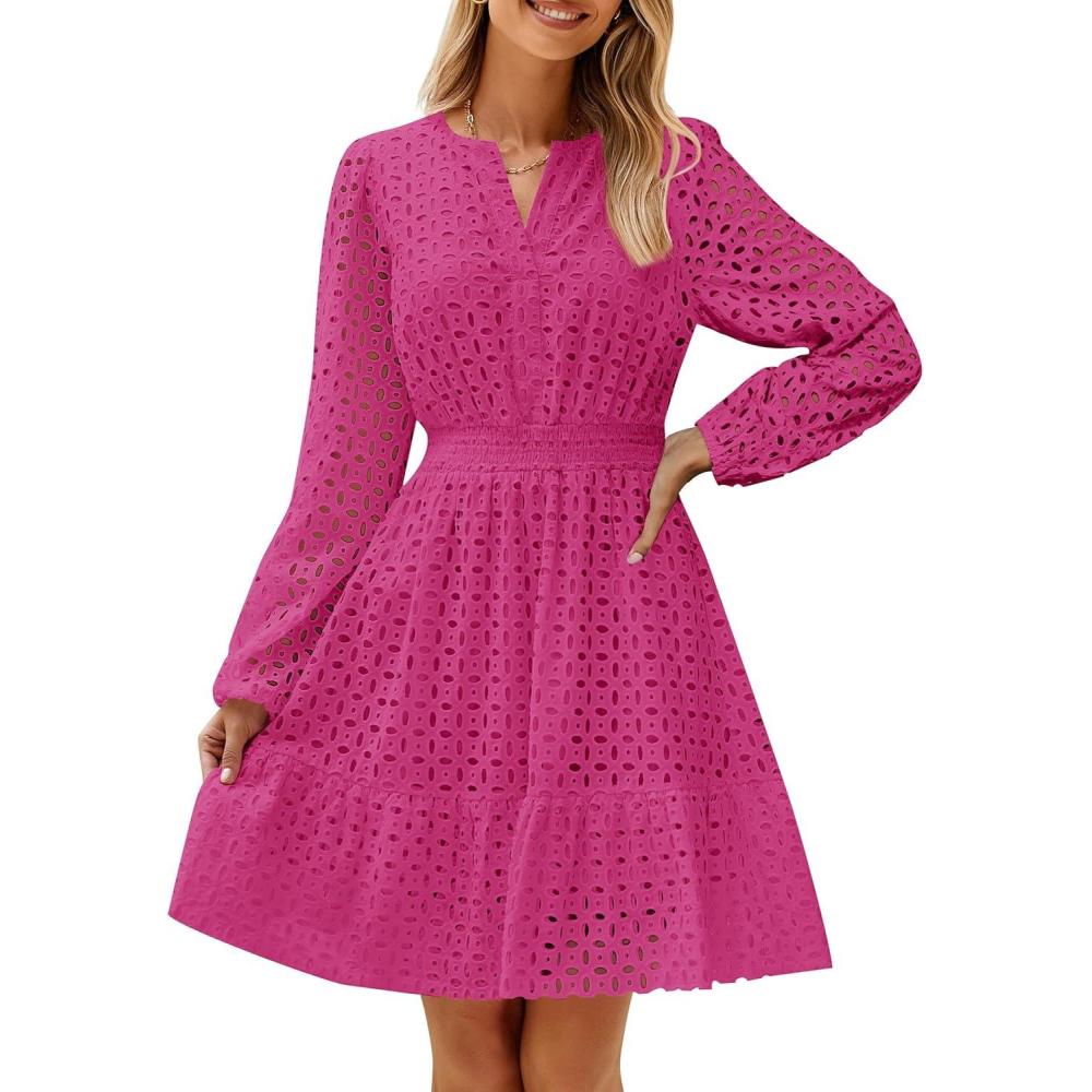 imageZESICA Womens 2026 Long Sleeve Mini Dress Fall V Neck Hollow Out Eyelet Embroidery Ruffle A Line Swing Short DressesRose