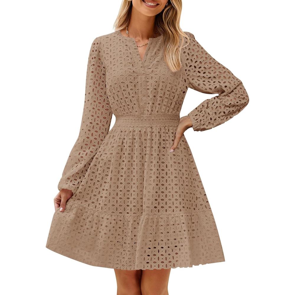 imageZESICA Womens 2026 Long Sleeve Mini Dress Fall V Neck Hollow Out Eyelet Embroidery Ruffle A Line Swing Short DressesTan