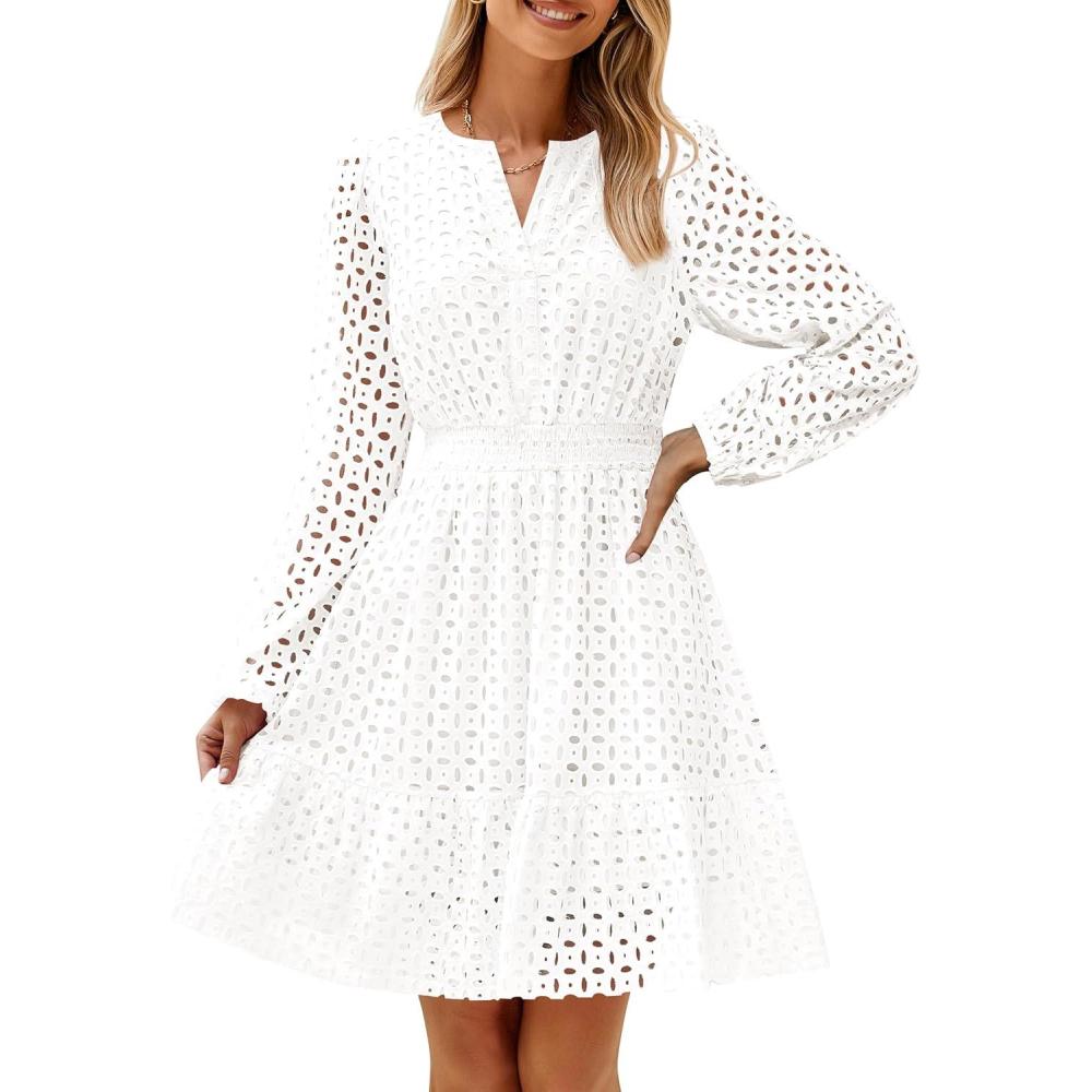 imageZESICA Womens 2026 Long Sleeve Mini Dress Fall V Neck Hollow Out Eyelet Embroidery Ruffle A Line Swing Short DressesWhite