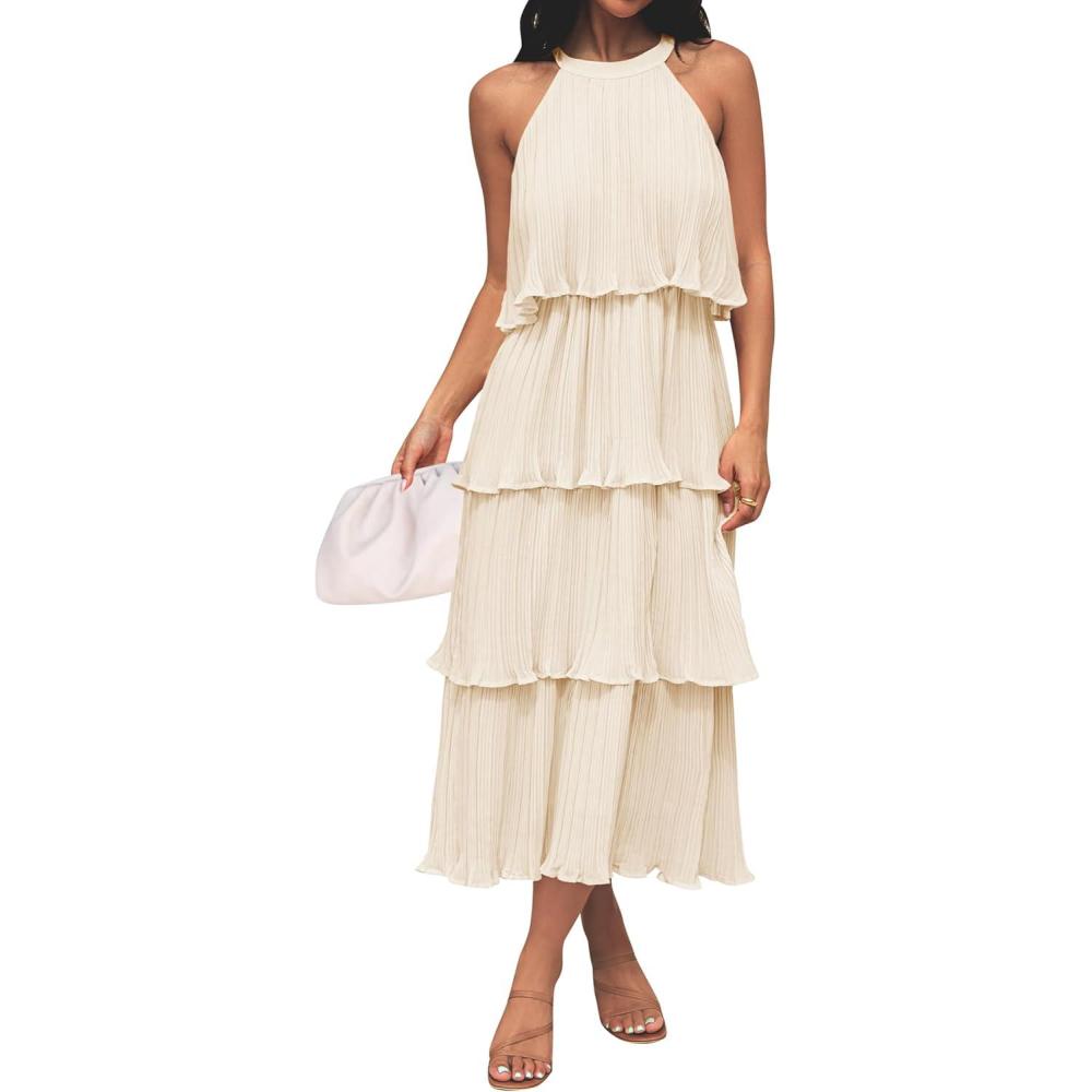 imageZESICA Womens 2026 Summer Sleeveless Halter Neck Ruffle Tiered Layed Chiffon Flowy Swing Long Midi DressApricot