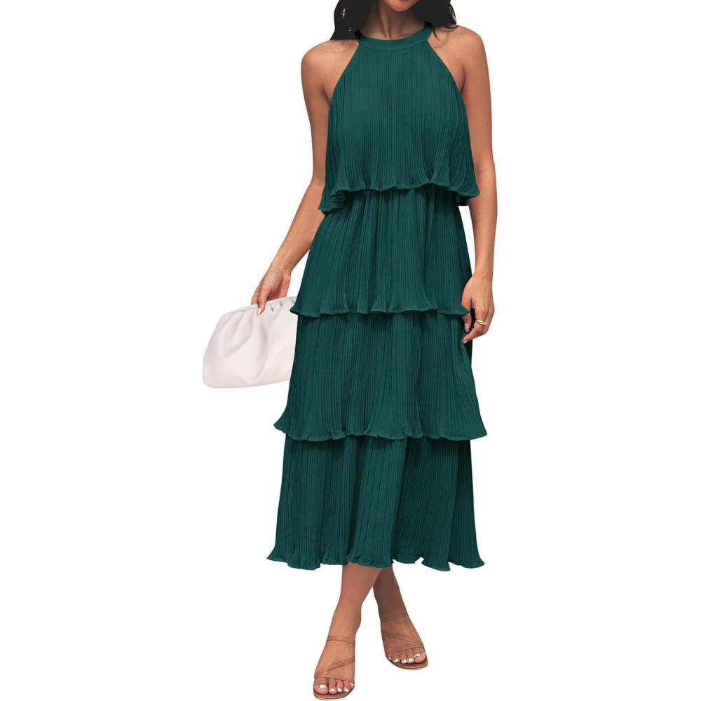 imageZESICA Womens 2026 Summer Sleeveless Halter Neck Ruffle Tiered Layed Chiffon Flowy Swing Long Midi DressDarkgreen