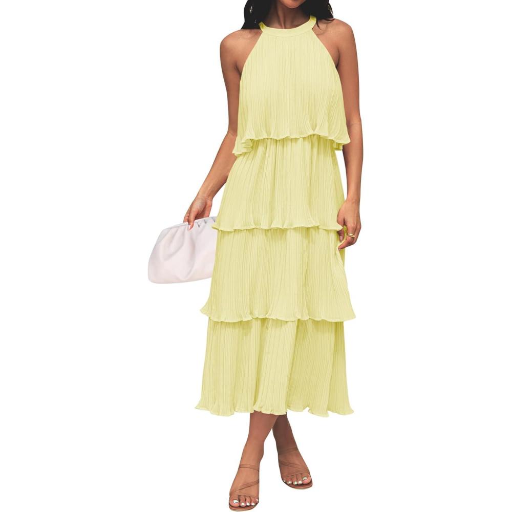 imageZESICA Womens 2026 Summer Sleeveless Halter Neck Ruffle Tiered Layed Chiffon Flowy Swing Long Midi DressLightyellow