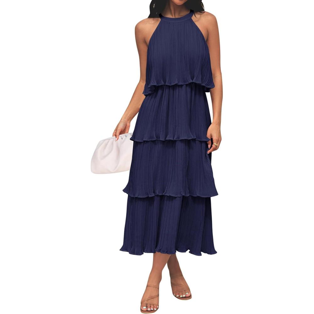 imageZESICA Womens 2026 Summer Sleeveless Halter Neck Ruffle Tiered Layed Chiffon Flowy Swing Long Midi DressNavy