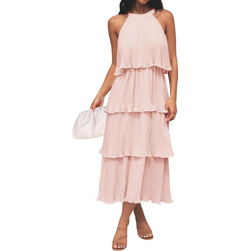 imageZESICA Womens 2026 Summer Sleeveless Halter Neck Ruffle Tiered Layed Chiffon Flowy Swing Long Midi DressPink