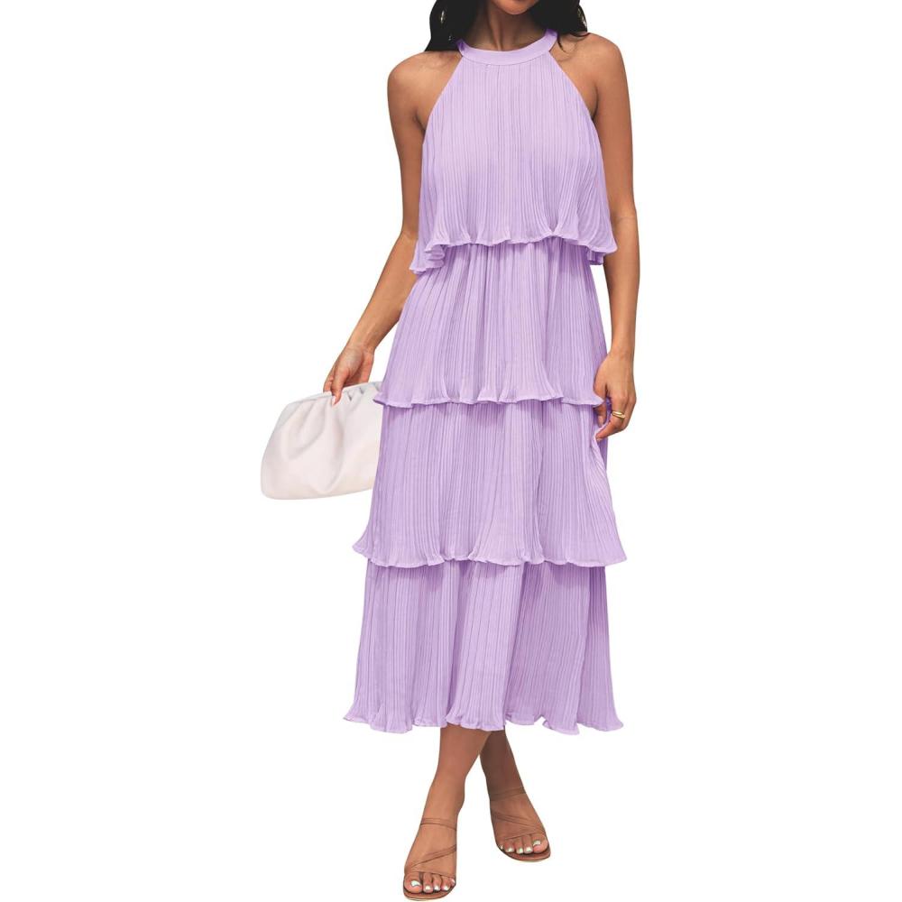 imageZESICA Womens 2026 Summer Sleeveless Halter Neck Ruffle Tiered Layed Chiffon Flowy Swing Long Midi DressPurple