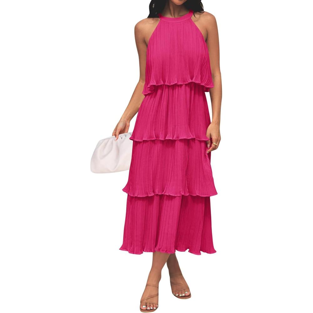 imageZESICA Womens 2026 Summer Sleeveless Halter Neck Ruffle Tiered Layed Chiffon Flowy Swing Long Midi DressRose