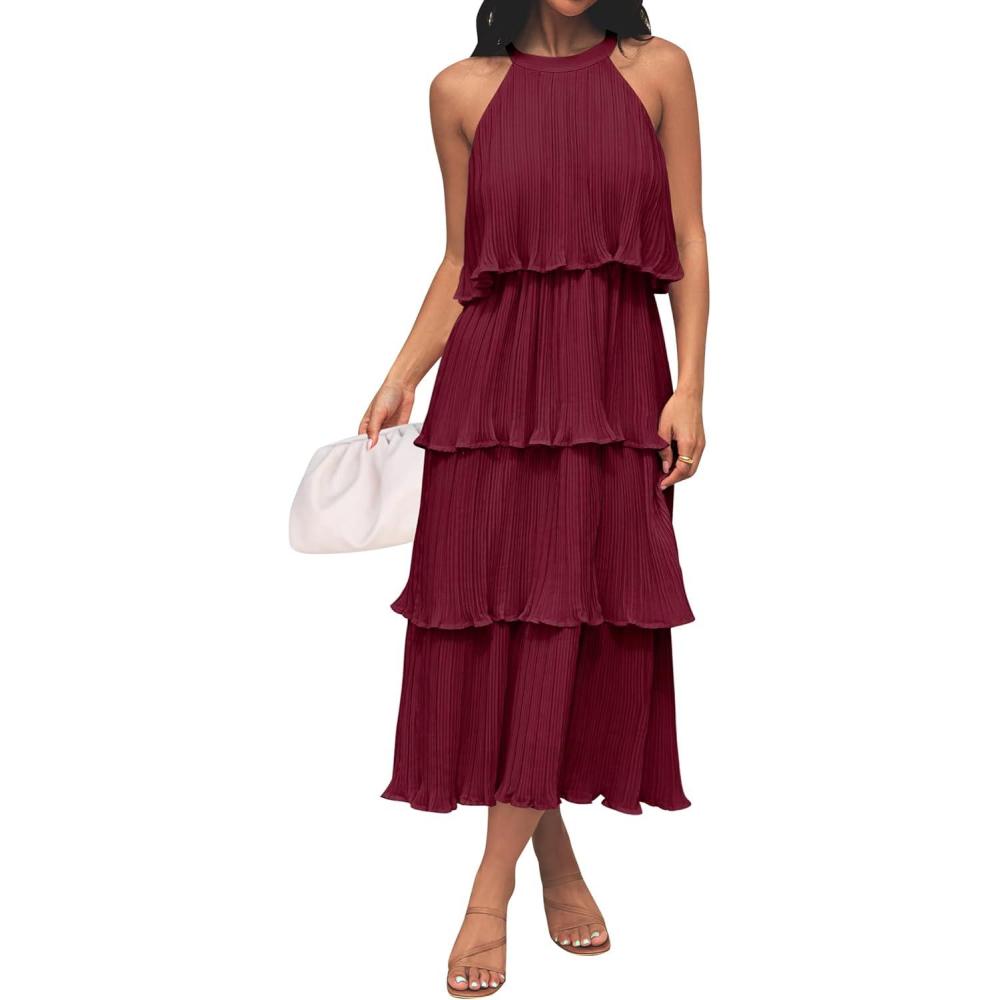 imageZESICA Womens 2026 Summer Sleeveless Halter Neck Ruffle Tiered Layed Chiffon Flowy Swing Long Midi DressWine