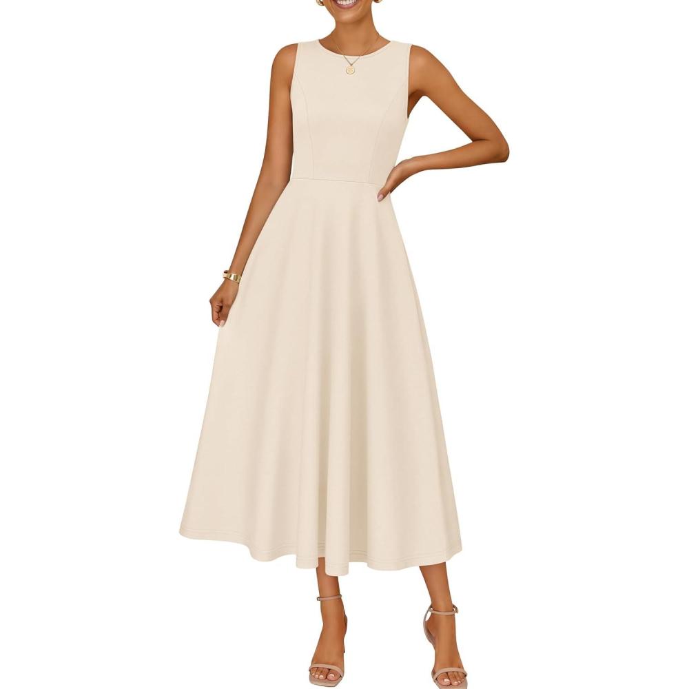 imageZESICA Womens 2026 Summer Sleeveless Midi Dresses Crewneck A Line Elegant Cocktail Party Flowy Long DressApricot