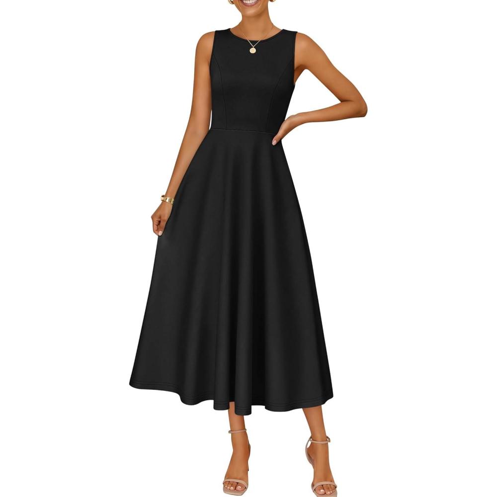 imageZESICA Womens 2026 Summer Sleeveless Midi Dresses Crewneck A Line Elegant Cocktail Party Flowy Long DressBlack