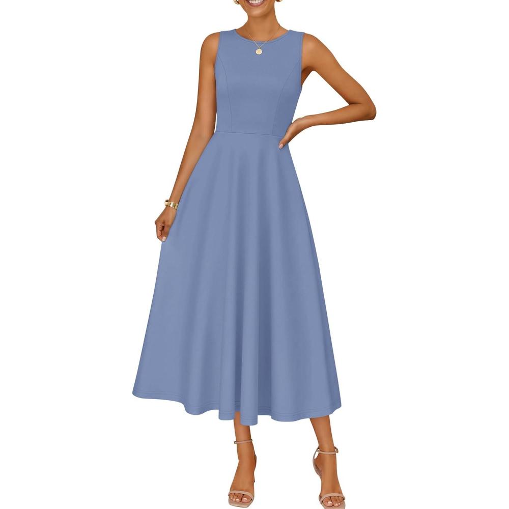 imageZESICA Womens 2026 Summer Sleeveless Midi Dresses Crewneck A Line Elegant Cocktail Party Flowy Long DressDusty Blue