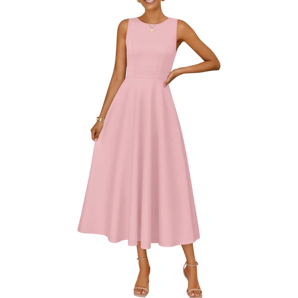 imageZESICA Womens 2026 Summer Sleeveless Midi Dresses Crewneck A Line Elegant Cocktail Party Flowy Long DressPink