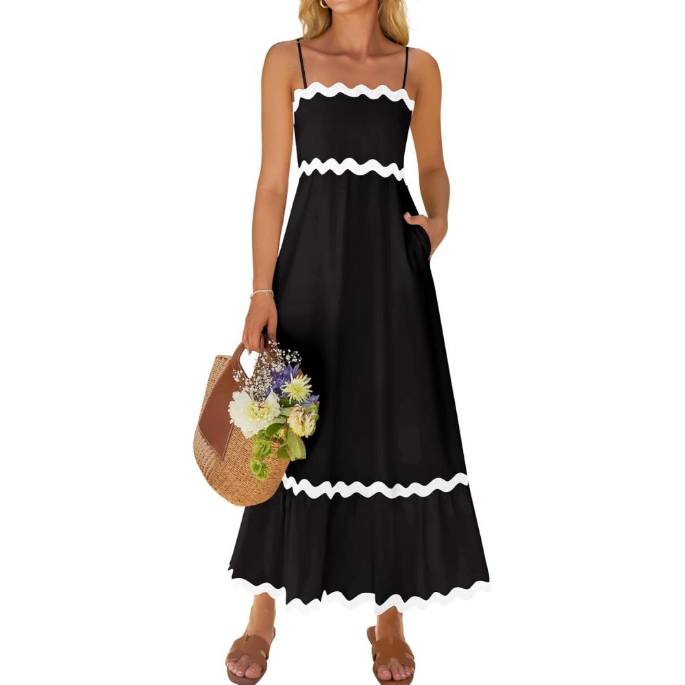 imageZESICA Womens 2026 Summer Spaghetti Straps Sleeveless Backless Sundress Flowy Smocked Lace Swing A Line Midi DressBlack