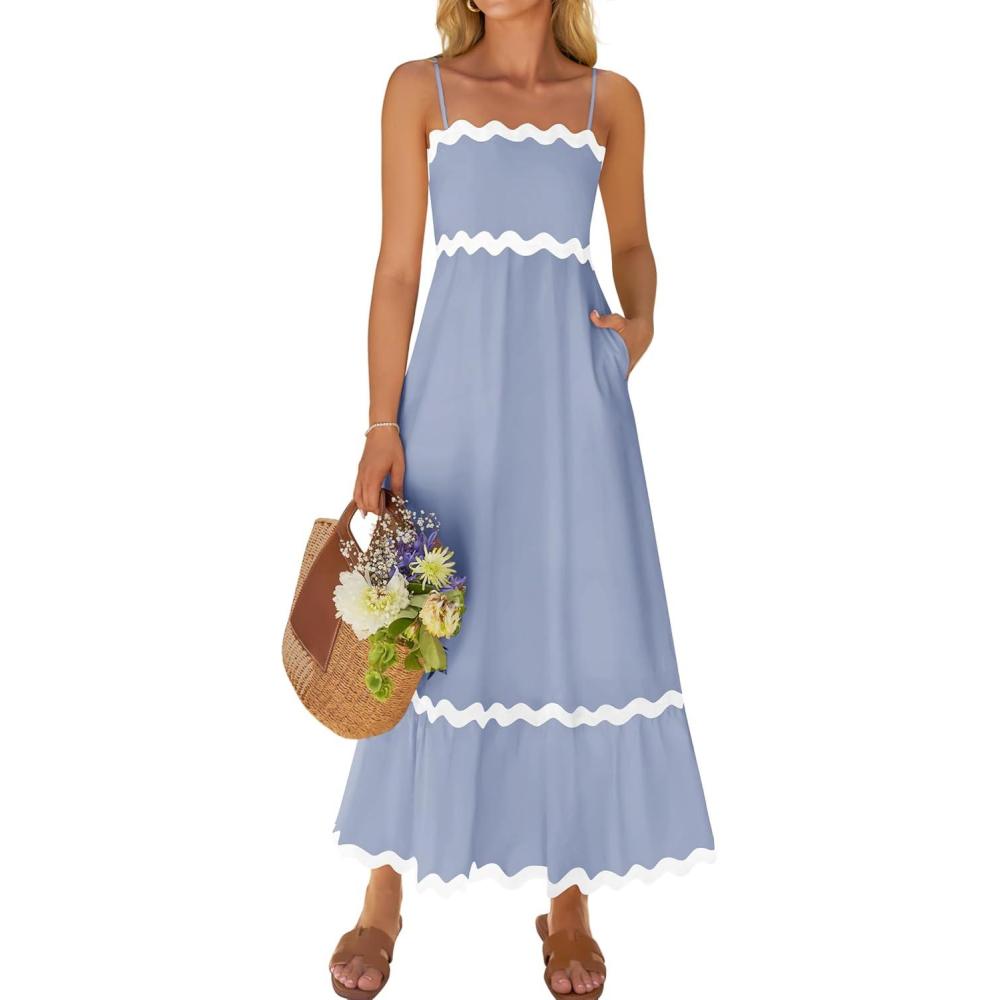 imageZESICA Womens 2026 Summer Spaghetti Straps Sleeveless Backless Sundress Flowy Smocked Lace Swing A Line Midi DressBlue