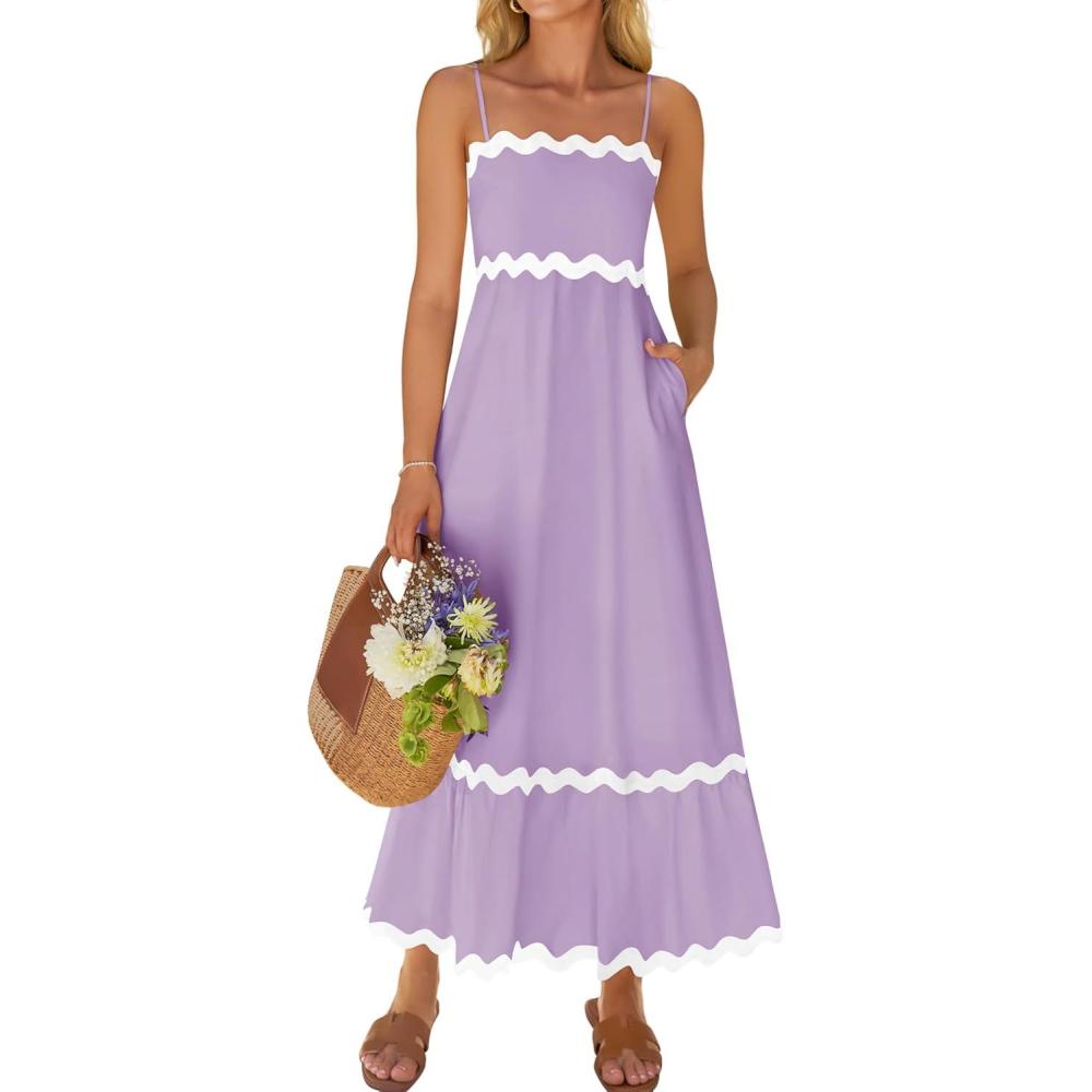 imageZESICA Womens 2026 Summer Spaghetti Straps Sleeveless Backless Sundress Flowy Smocked Lace Swing A Line Midi DressLight Purple