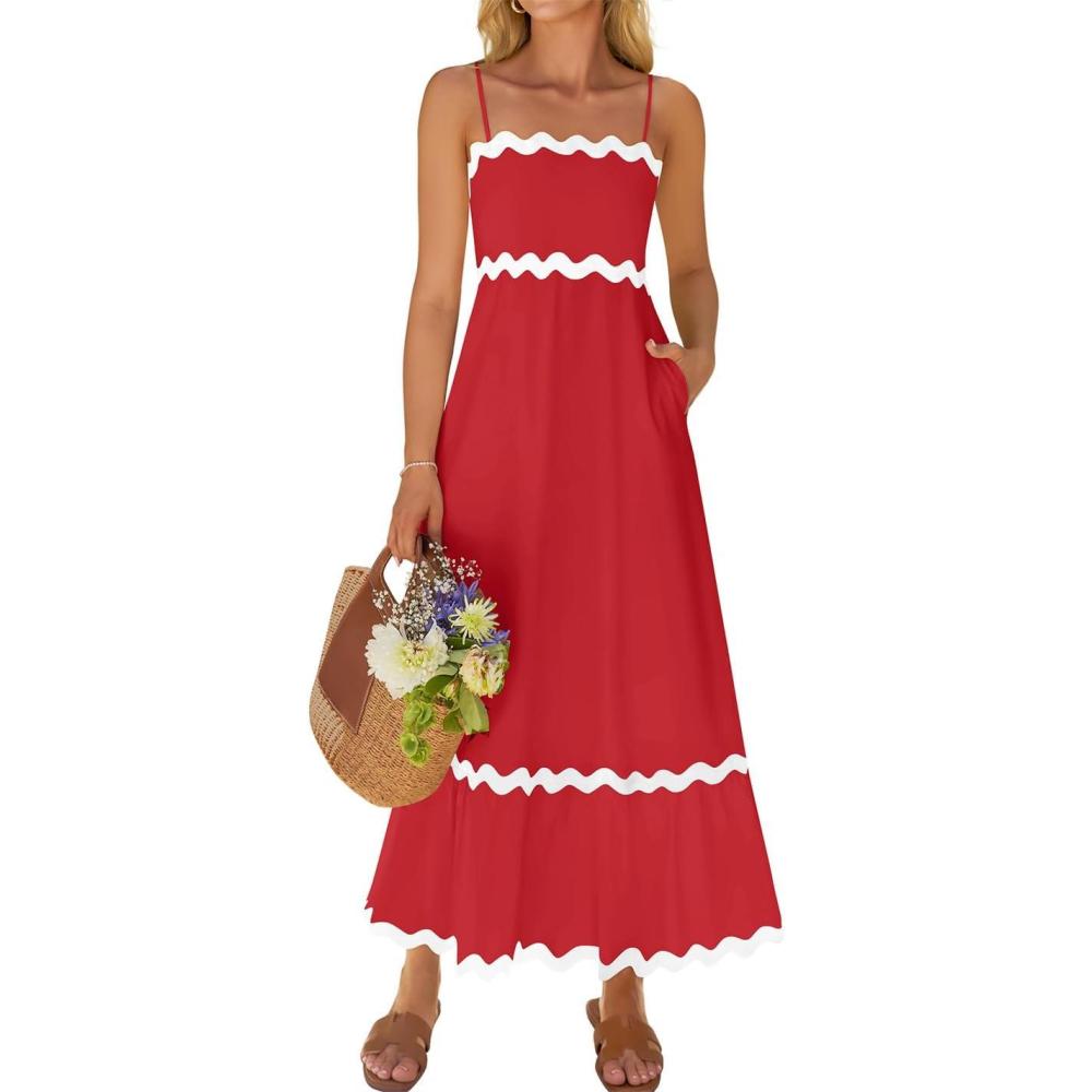 imageZESICA Womens 2026 Summer Spaghetti Straps Sleeveless Backless Sundress Flowy Smocked Lace Swing A Line Midi DressRed