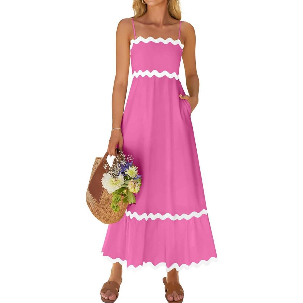 imageZESICA Womens 2026 Summer Spaghetti Straps Sleeveless Backless Sundress Flowy Smocked Lace Swing A Line Midi DressRose Pink