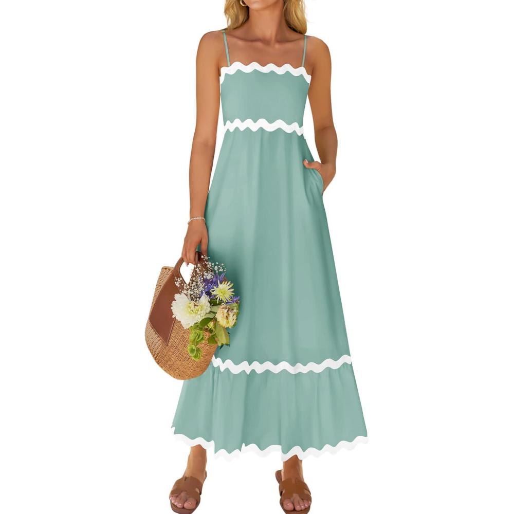 imageZESICA Womens 2026 Summer Spaghetti Straps Sleeveless Backless Sundress Flowy Smocked Lace Swing A Line Midi DressSage