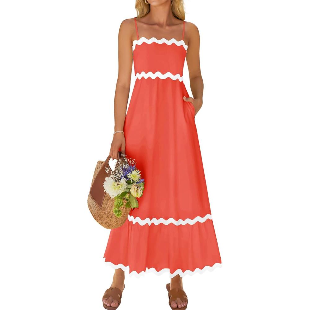 imageZESICA Womens 2026 Summer Spaghetti Straps Sleeveless Backless Sundress Flowy Smocked Lace Swing A Line Midi DressWatermelon Red