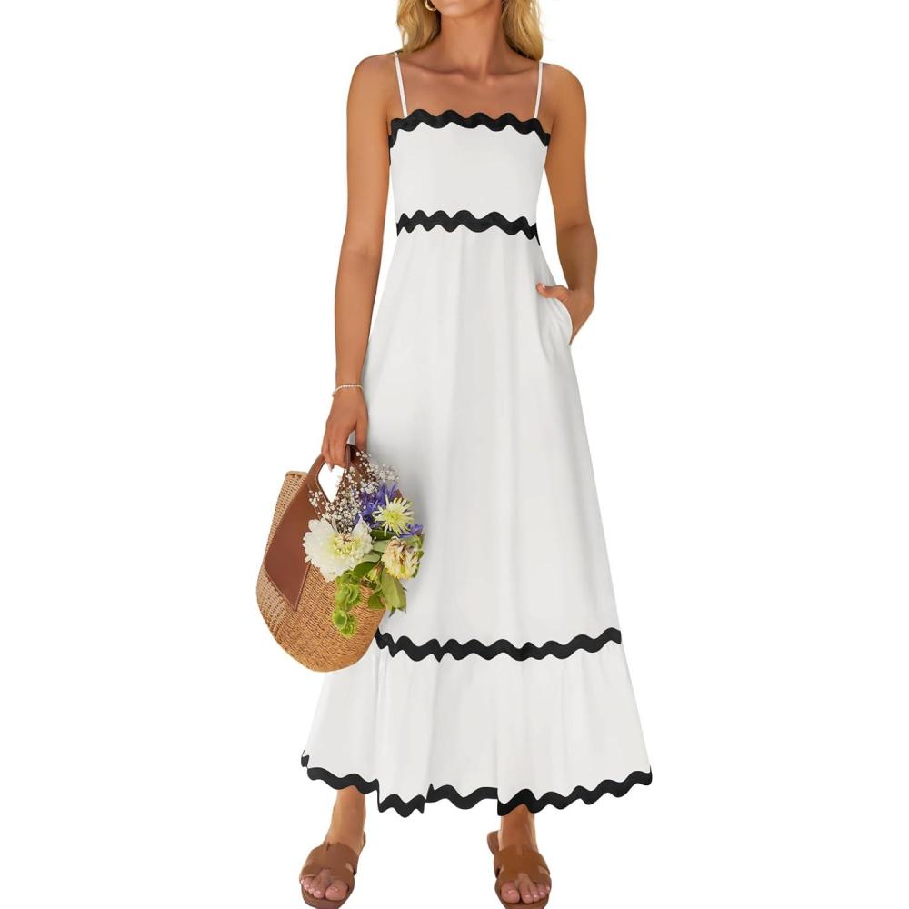 imageZESICA Womens 2026 Summer Spaghetti Straps Sleeveless Backless Sundress Flowy Smocked Lace Swing A Line Midi DressWhite