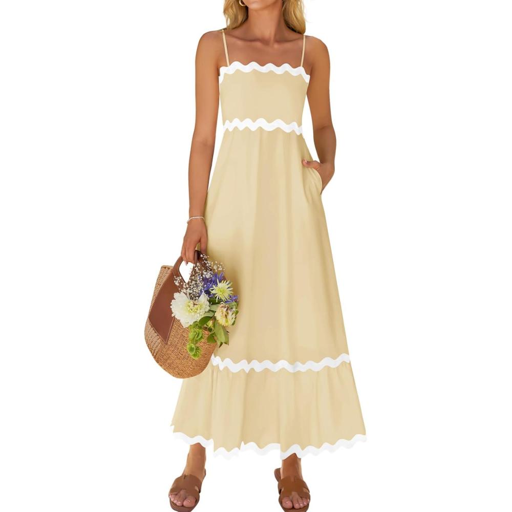 imageZESICA Womens 2026 Summer Spaghetti Straps Sleeveless Backless Sundress Flowy Smocked Lace Swing A Line Midi DressYellow