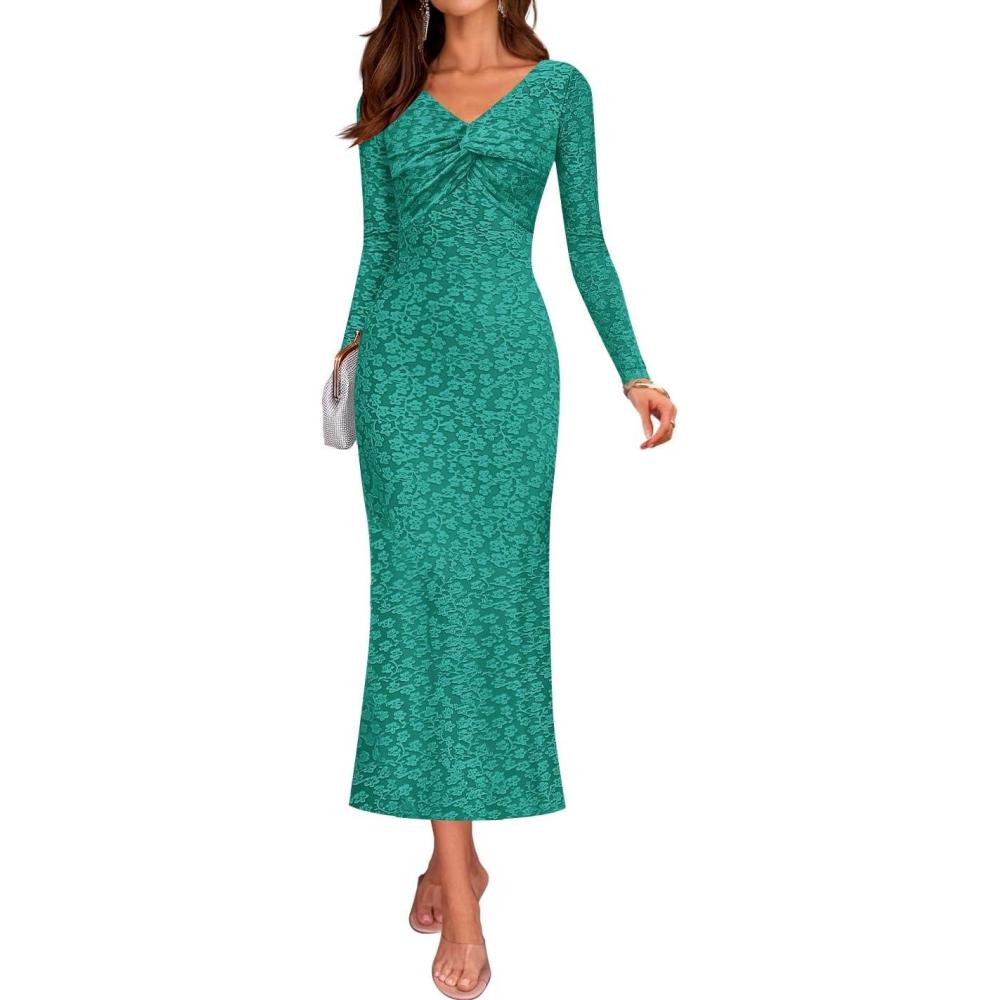 imageZESICA Womens Fall Floral Long Sleeve Bodycon Dress 2026 Elegant V Neck Cocktail Party Long Midi DressesPeacock